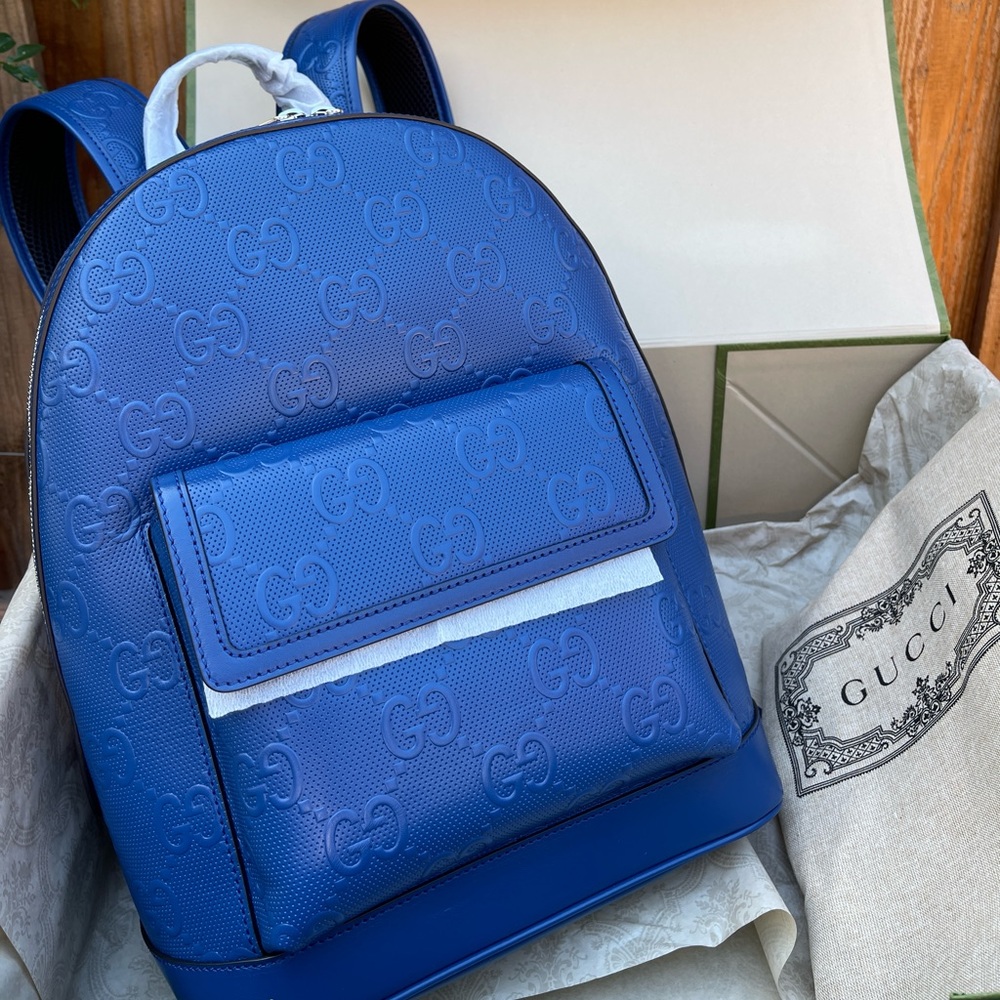Brand New GUCCI Calfskin GG Embossed Perforated Unisex Backpack in Blue